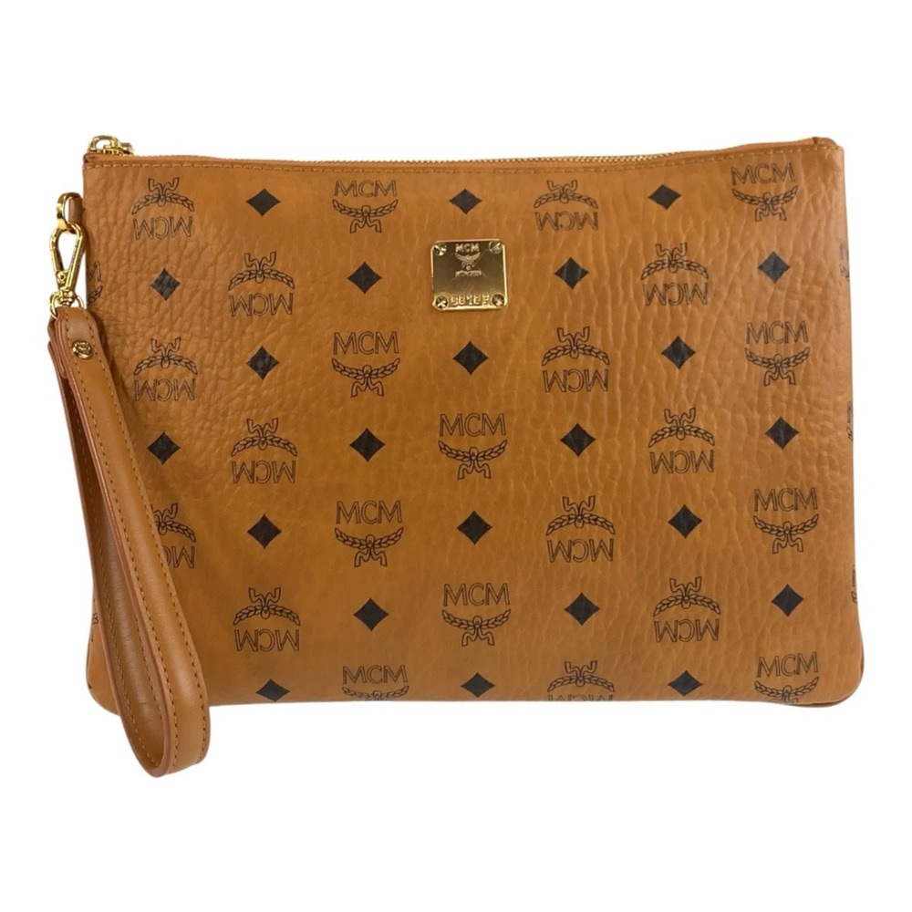 MCM Visetos Brown Leather Clutch Bag with Gold Hardware - Men's